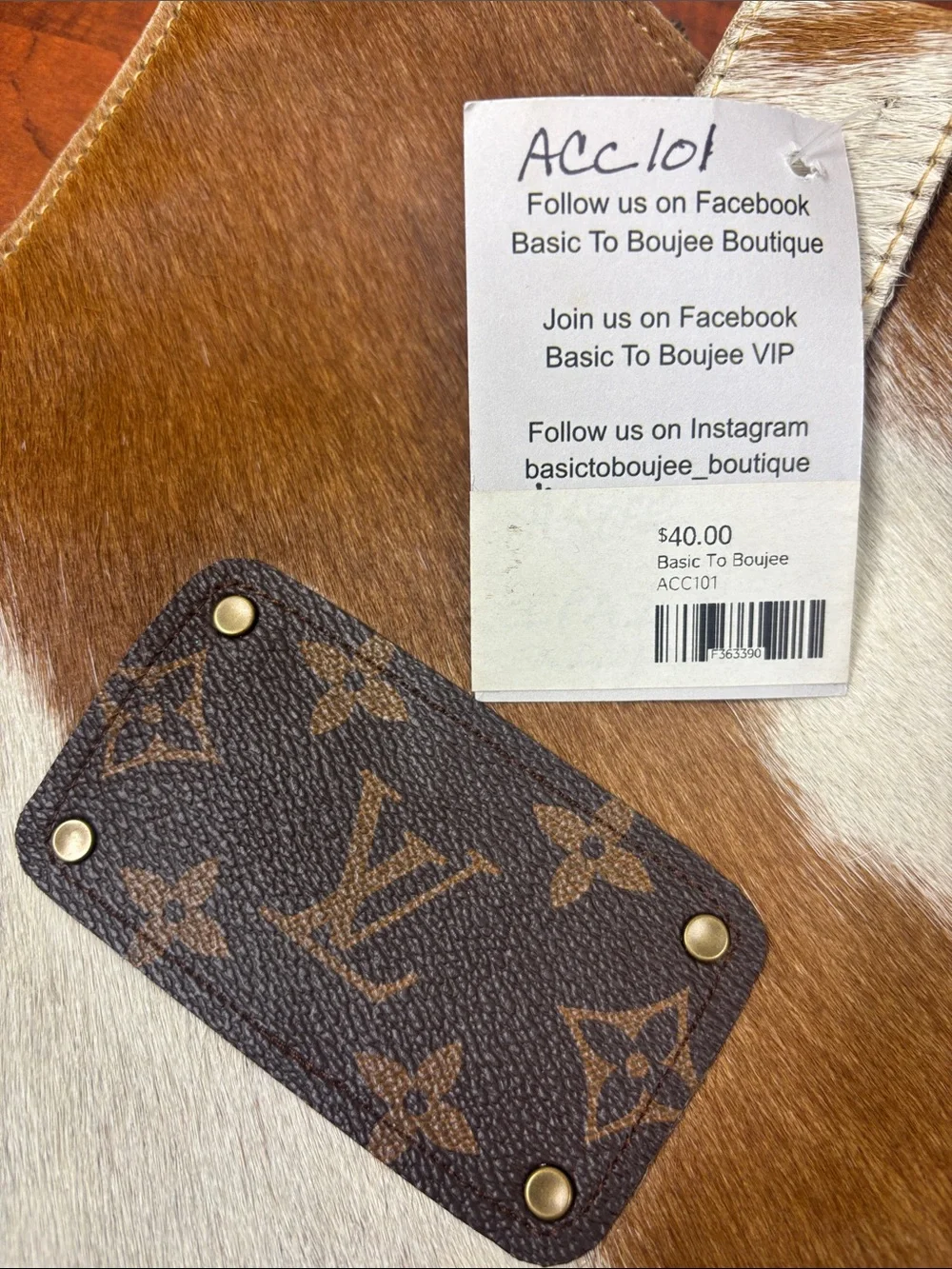 Brown and White Cowhide Tablet Sleeve with Leather Louis Vuitton Patch